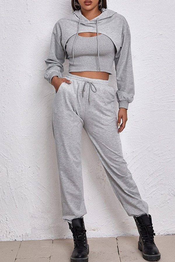 Street Sportswear Solid Solid Color Hooded Collar Long Sleeve Two Pieces