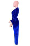 Elegant Solid Frenulum V Neck Long Sleeve Two Pieces