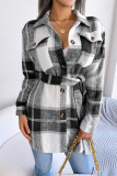 Elegant Plaid Striped Bandage Turndown Collar Outerwear
