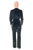 Elegant Solid Frenulum V Neck Long Sleeve Two Pieces