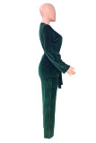 Elegant Solid Frenulum V Neck Long Sleeve Two Pieces