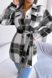 Elegant Plaid Striped Bandage Turndown Collar Outerwear