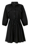 Elegant Solid Pocket Frenulum Solid Color Turndown Collar Long Sleeve Dresses