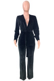 Elegant Solid Frenulum V Neck Long Sleeve Two Pieces