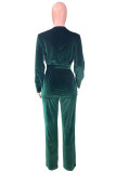 Elegant Solid Frenulum V Neck Long Sleeve Two Pieces