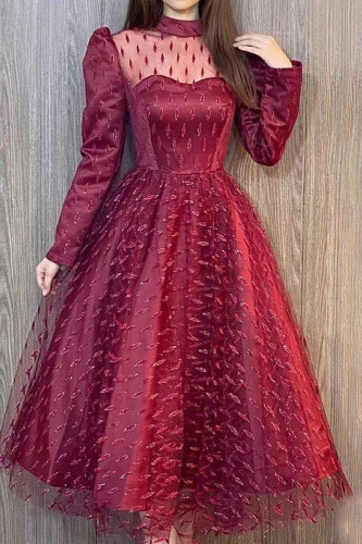 Elegant Solid Patchwork Mandarin Collar Ball Gown Dresses