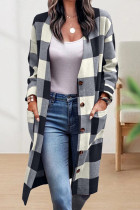 Work Street Plaid Striped Pocket Buckle V Neck Outerwear