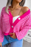 Street Plaid Striped Buttons Contrast V Neck Tops
