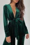 Elegant Solid Frenulum V Neck Long Sleeve Two Pieces