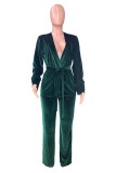 Elegant Solid Frenulum V Neck Long Sleeve Two Pieces