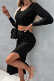 Casual Elegant Solid Slit U Neck Long Sleeve Two Pieces