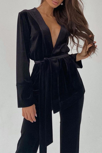 Elegant Solid Frenulum V Neck Long Sleeve Two Pieces