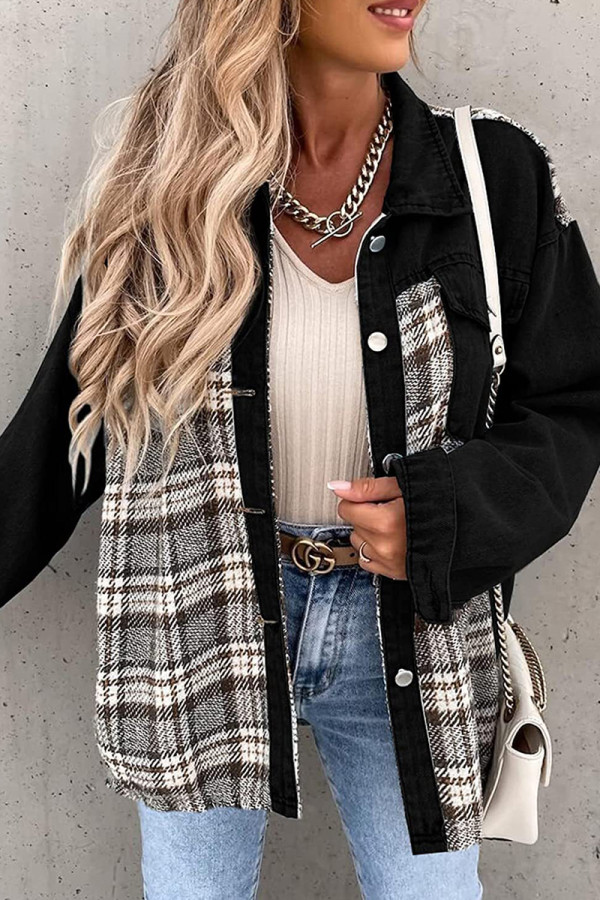 Street Plaid Striped Patchwork Pocket Turndown Collar Outerwear