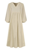 Fashion Work Solid Fold V Neck Long Dress Dresses