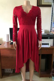 Elegant Formal Solid Lace Asymmetrical V Neck A Line Dresses
