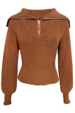 Elegant Solid Zipper Turndown Collar Tops