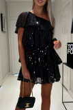 Sexy Solid Sequins Oblique Collar Cake Skirt Dresses