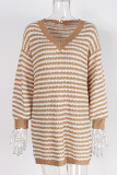 Plaid Striped Patchwork V Neck Long Sleeve Dresses