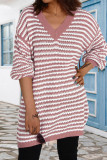 Plaid Striped Patchwork V Neck Long Sleeve Dresses