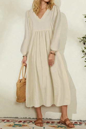 Fashion Work Solid Fold V Neck Long Dress Dresses