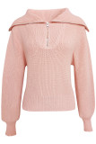 Elegant Solid Zipper Turndown Collar Tops
