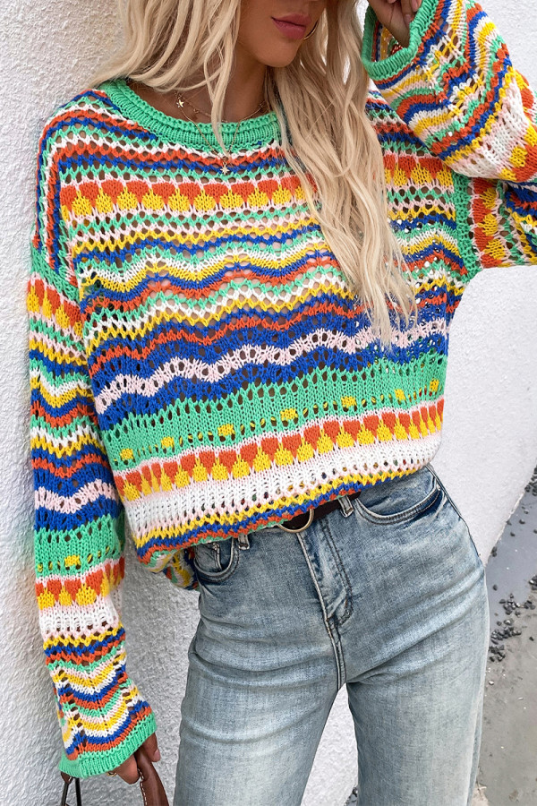 Fashion Striped Patchwork O Neck Tops