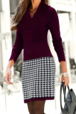 Work Print Patchwork V Neck One Step Skirt Dresses