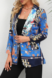 Elegant Print Patchwork Buttons Turndown Collar Outerwear