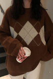 Casual Geometric Patchwork Contrast O Neck Tops Sweater