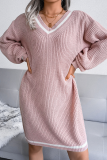 Casual Striped Patchwork Contrast V Neck A Line Dresses Sweater (Without Belt)