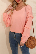 Casual Solid Patchwork Stringy Selvedge V Neck Tops