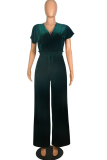 Casual Solid Patchwork V Neck Straight Jumpsuits
