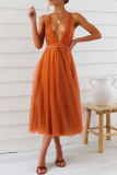 Casual Solid Mesh V Neck Cake Skirt Dresses
