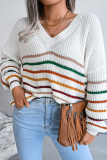 Casual Striped Patchwork V Neck Tops Sweater