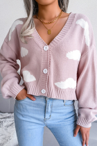 Casual Patchwork Buckle Contrast V Neck Tops Sweater
