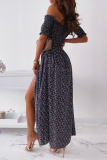Elegant Floral Slit Fold Off the Shoulder Waist Skirt Dresses