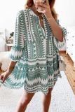 Casual Print Patchwork V Neck Cake Skirt Dresses