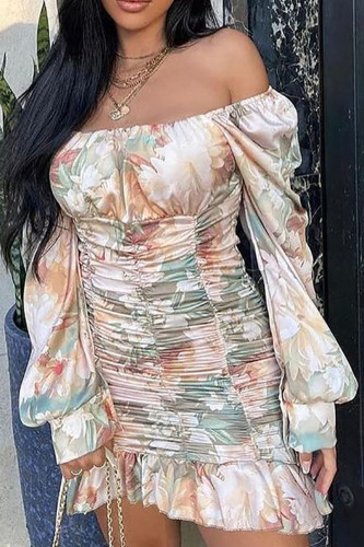 Fashion Casual Print Fold Off the Shoulder Wrapped Skirt Dresses