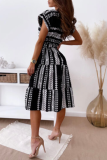 Casual Print Patchwork O Neck Waist Skirt Dresses
