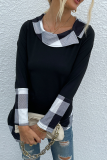 Casual Plaid Patchwork Asymmetrical Turndown Collar Tops