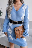 Casual Geometric Patchwork Contrast V Neck Dresses Sweater (Without Belt)