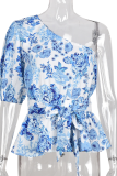 Casual Print Patchwork One Shoulder T-Shirts