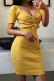 Elegant Solid Draw String Frenulum V Neck Pencil Skirt Dresses