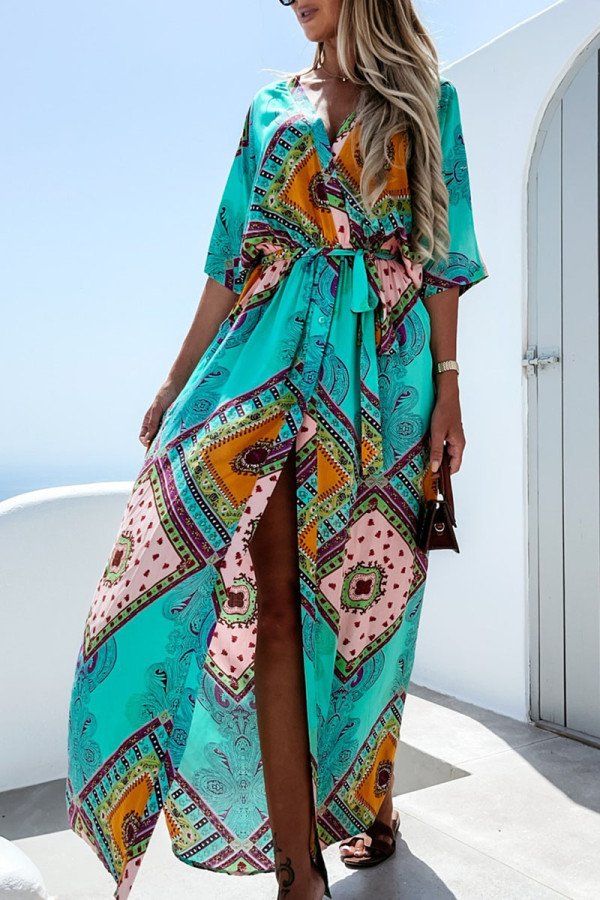 Fashion Sweet Print Patchwork V Neck A Line Dresses