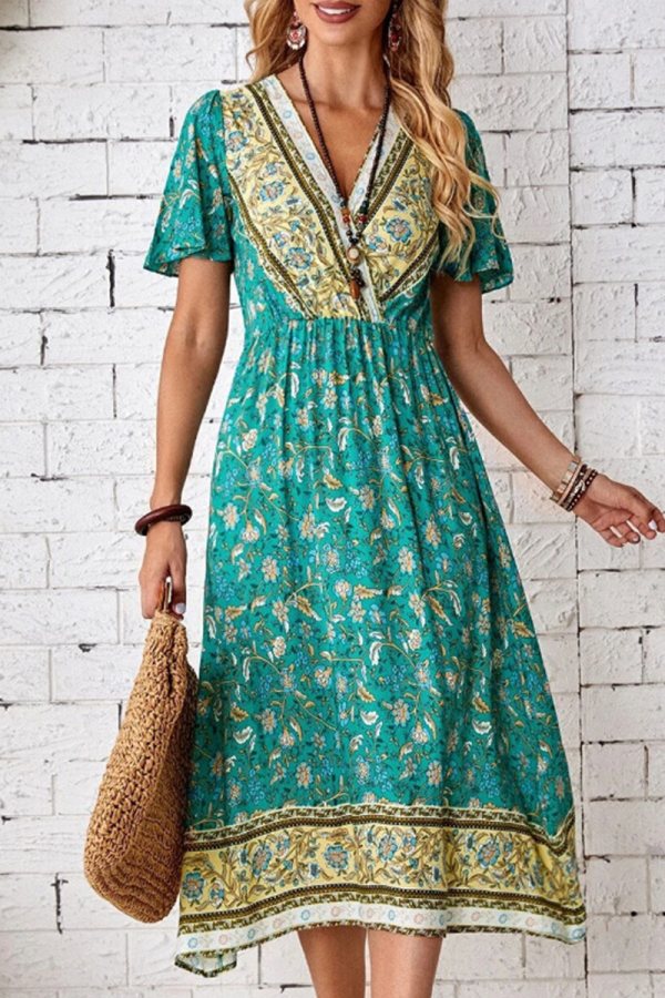 Fashion Elegant Floral Patchwork V Neck Dresses
