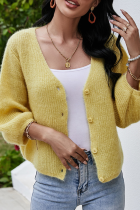 Casual Solid Buckle V Neck Tops Sweater