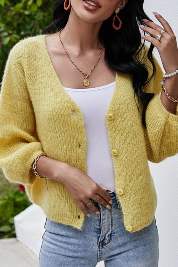 Casual Solid Buckle V Neck Tops Sweater