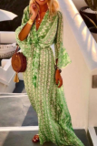 Casual Print Patchwork V Neck Waist Skirt Dresses