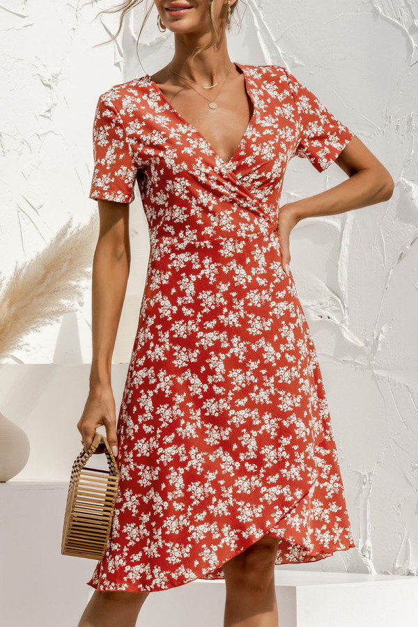 Fashion Sweet Print Patchwork V Neck Irregular Dresses