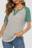 Casual Patchwork Buckle Contrast O Neck T-Shirts